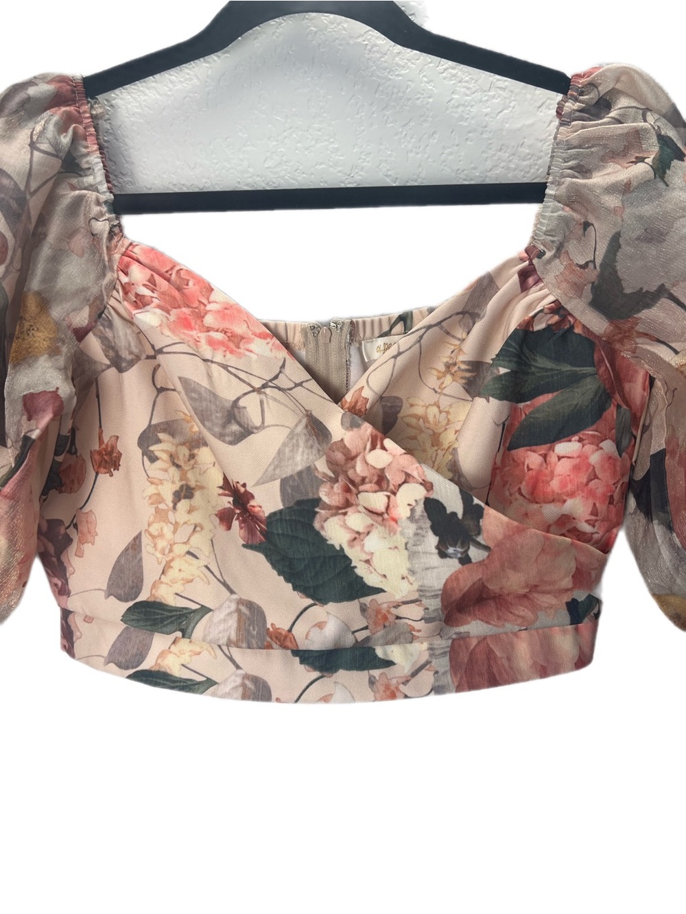 a. peach Floral Puff Sleeve Crop Top Cottagecore Romantic Blush Pink Medium - Picture 4 of 7